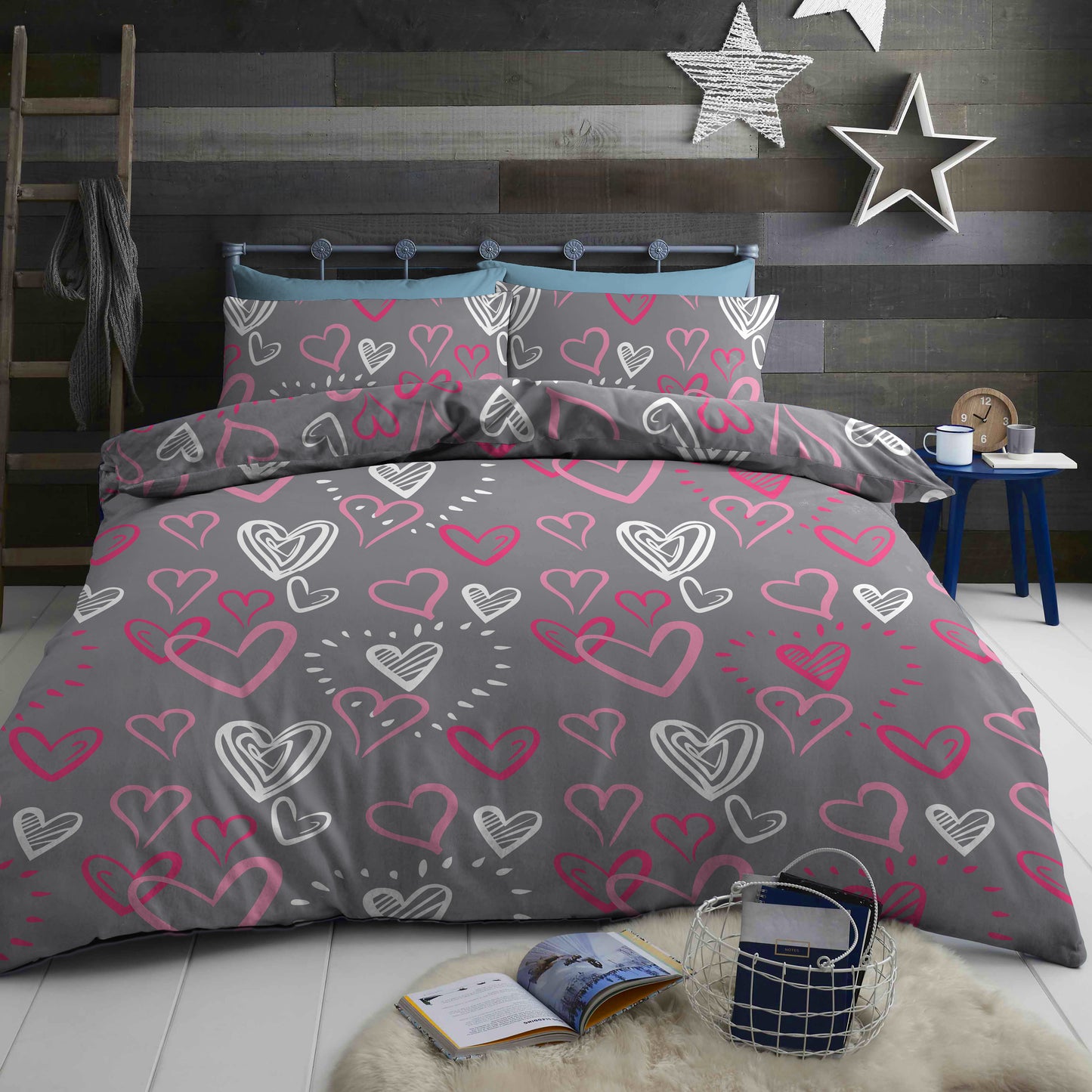 Bed Sheet Set with Beautiful Grey Base and Hearts Patterns Bed