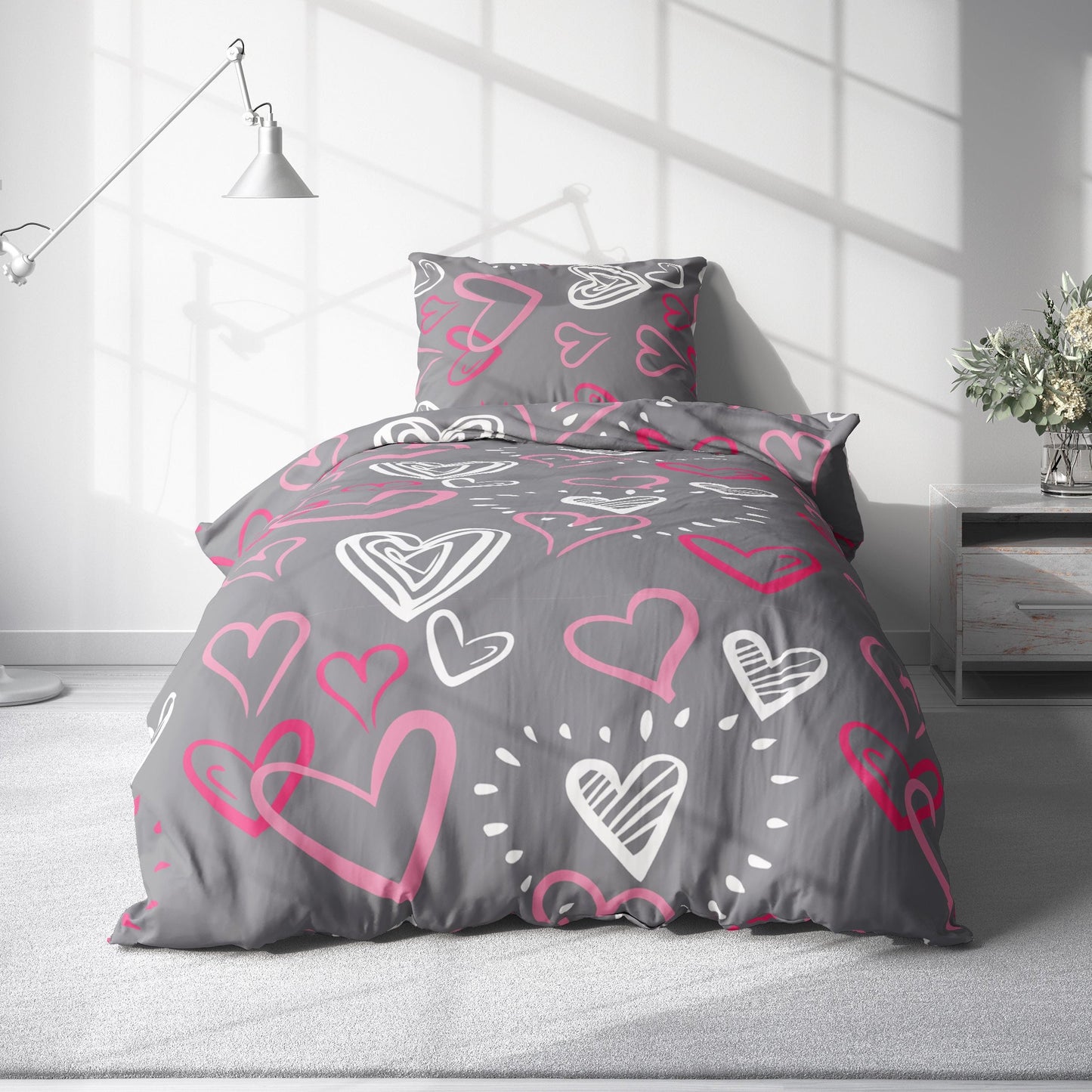 Bed Sheet Set with Beautiful Grey Base and Hearts Patterns Bed