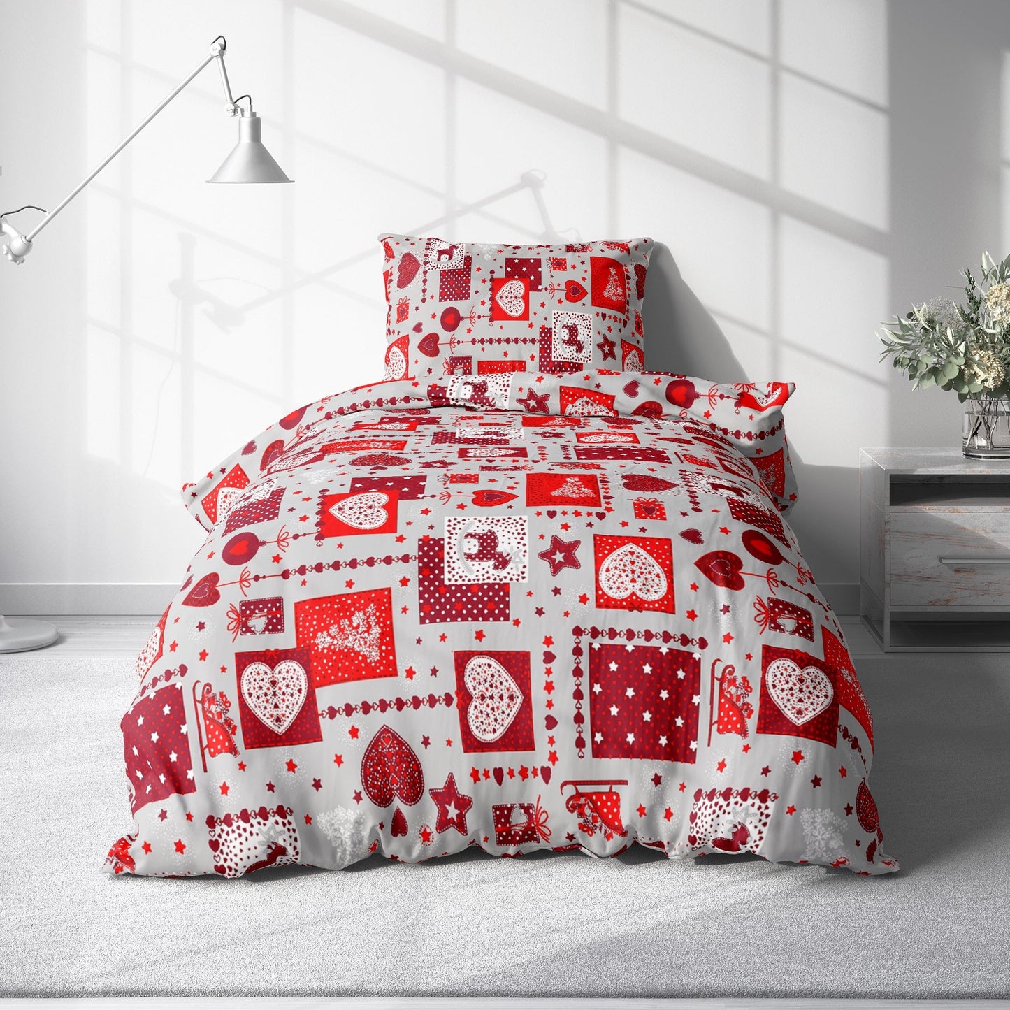 Bed Sheet Set with Red Hearts Design