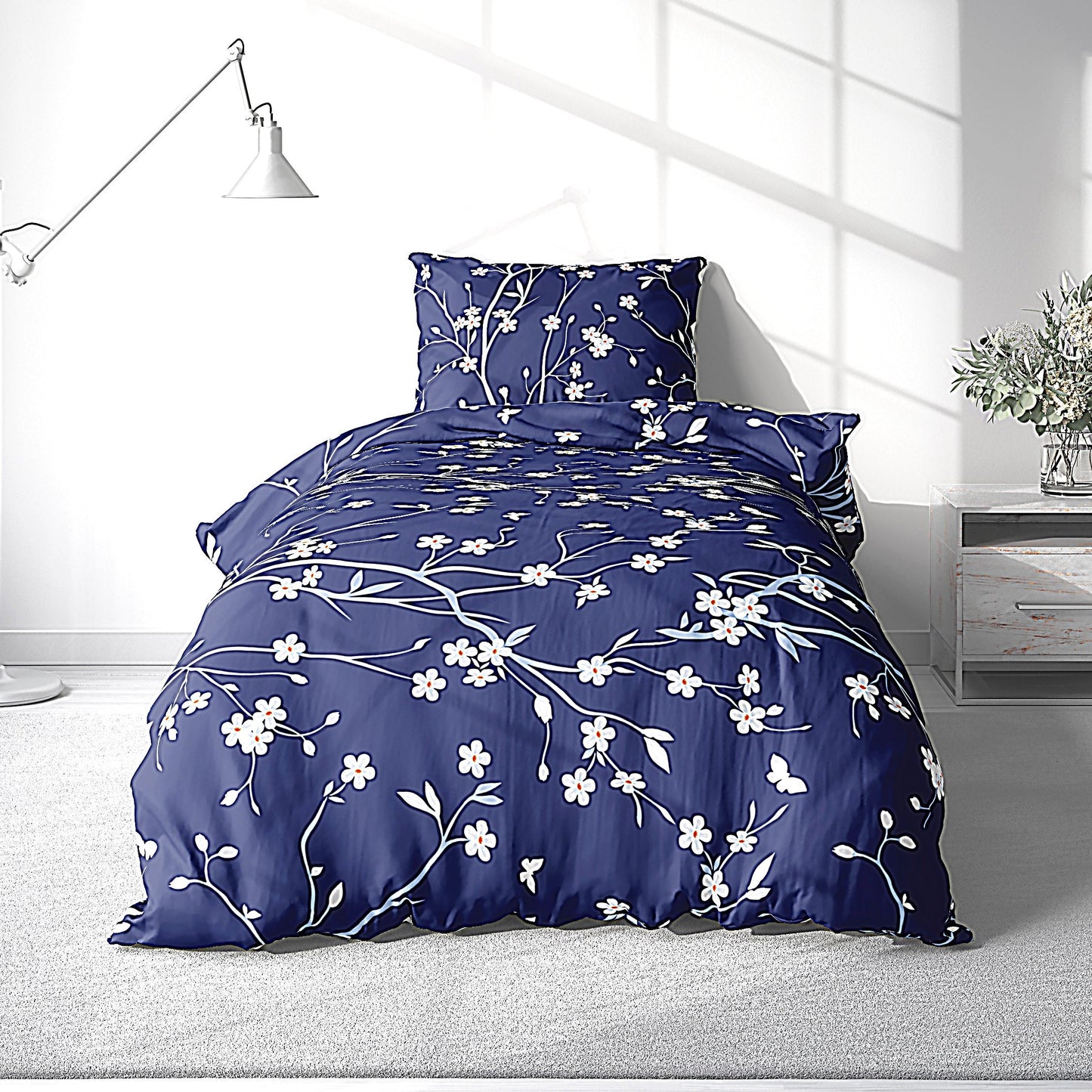 Bed Sheet Set with Beautiful Blue Base and White Flowers Patterns