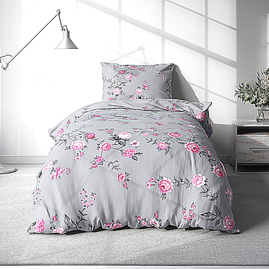 Bed Sheet Set with Beautiful Grey Base and Pink Rose Patterns