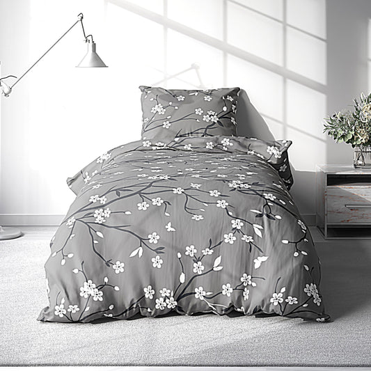 Bed Sheet Set with Beautiful Grey Base and White Flowers Patterns