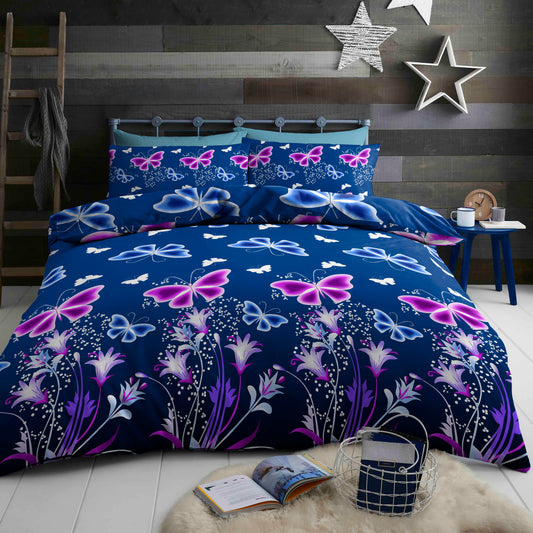 Bed Sheet Set with Blue Base and Butterfly Patterns