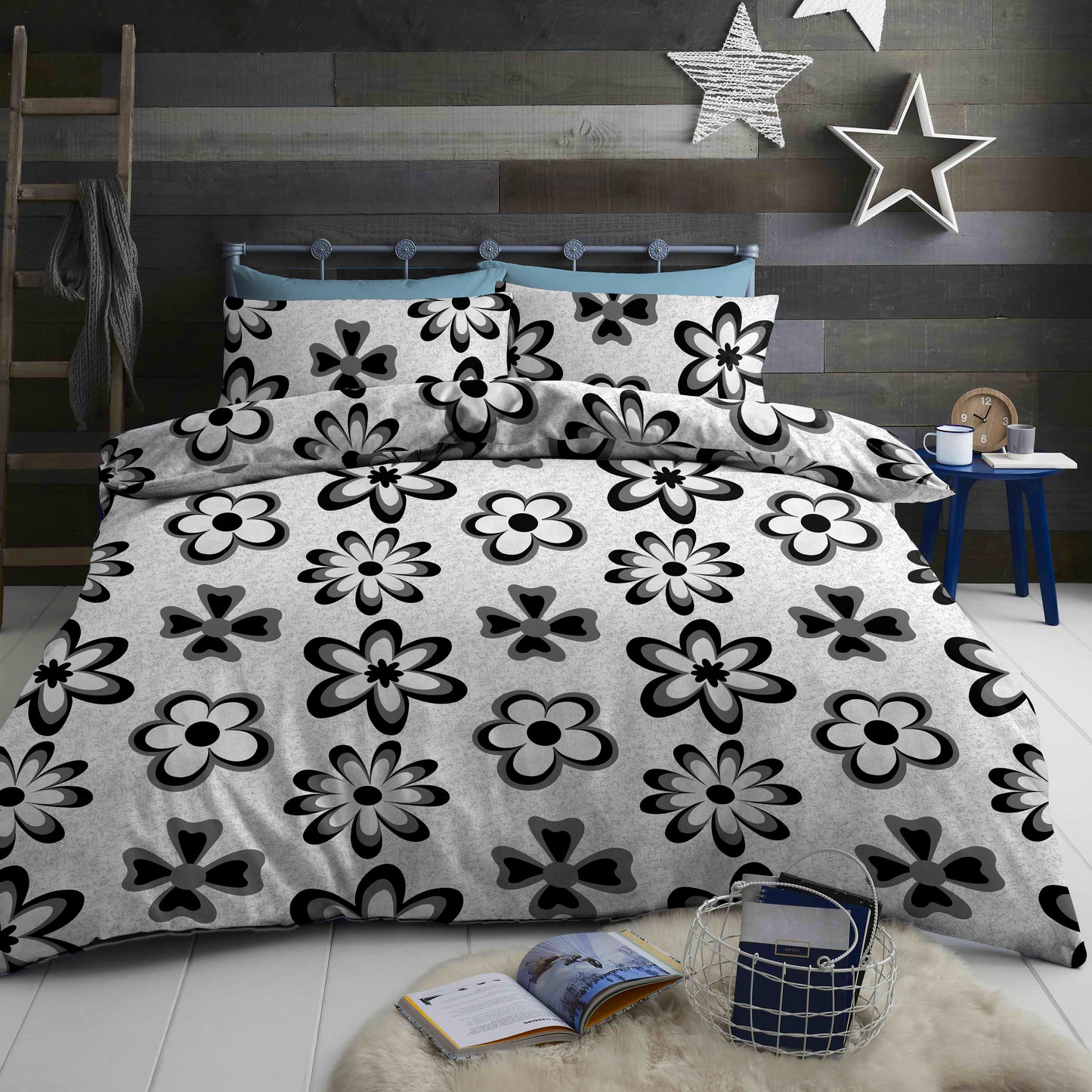 Bed Sheet Set with Grey Base and Black Flowers Patterns