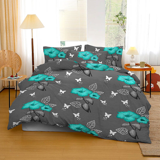 Bed Sheet Set with Grey Base and Flowers Patterns