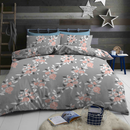 Bed Sheet Set with Grey Base and Pink Beautiful Flowers Patterns