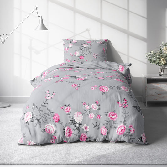 Bed Sheet Set with Grey Base and Pink Flowers Patterns