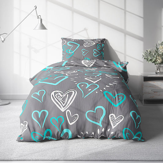Bed Sheet Set with Beautiful Cyan and White Heart Patterns