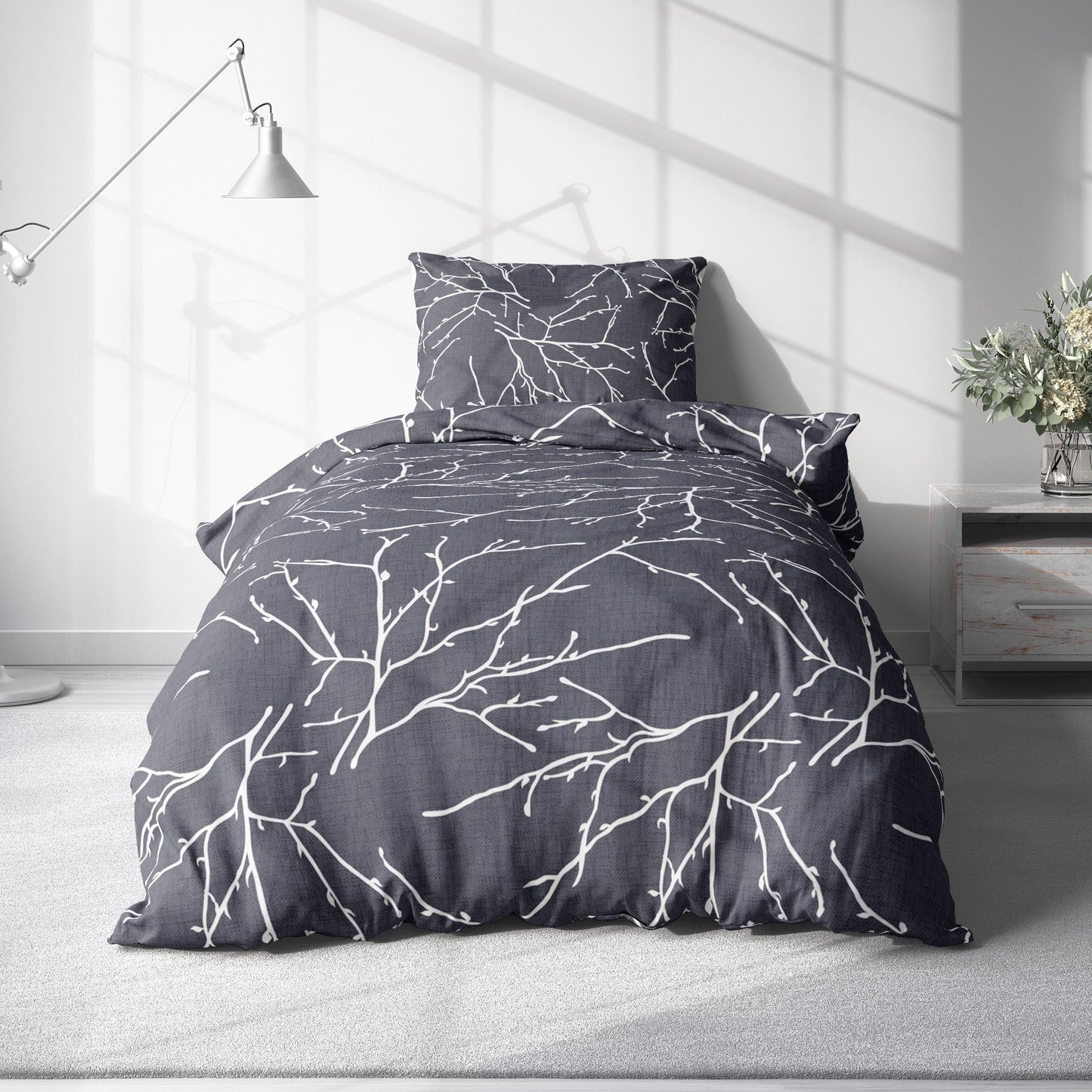 Bedsheet Set with Dark Charcoal Grey with White Tree Branches