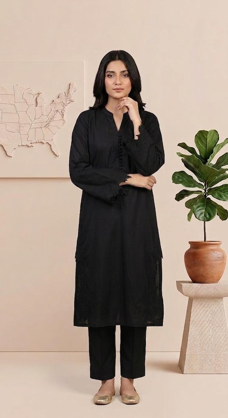 Elegant Black Embroidered 2 Piece