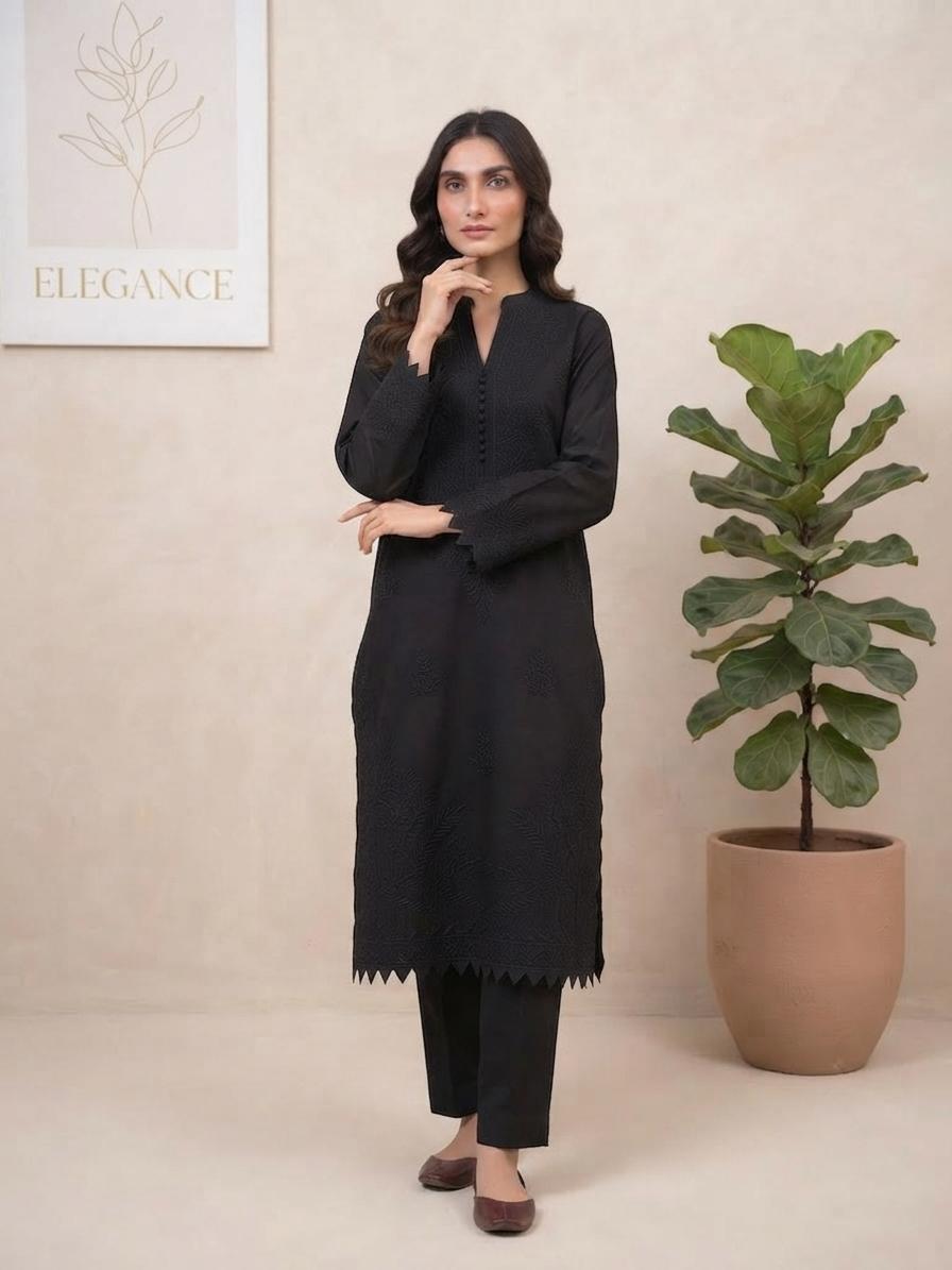 Elegant Black Embroidered 2 Piece